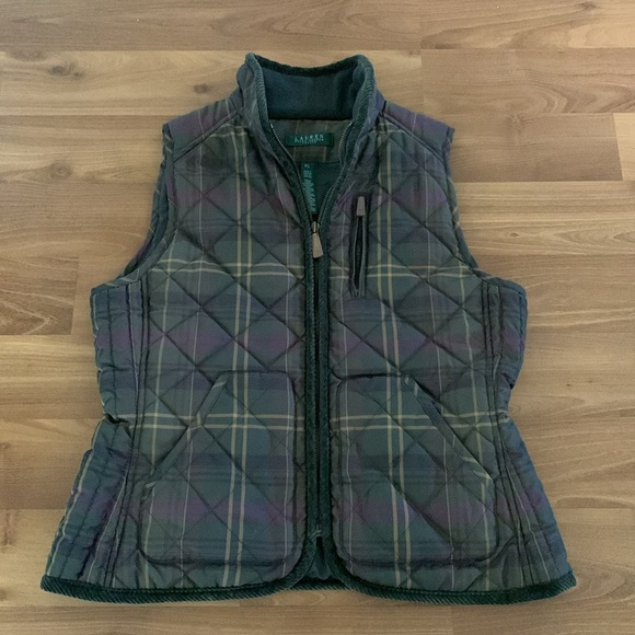 Lauren Ralph Lauren Olive Quilted Plaid Puffer Vest Women’s Size Petite Large - Picture 10 of 16